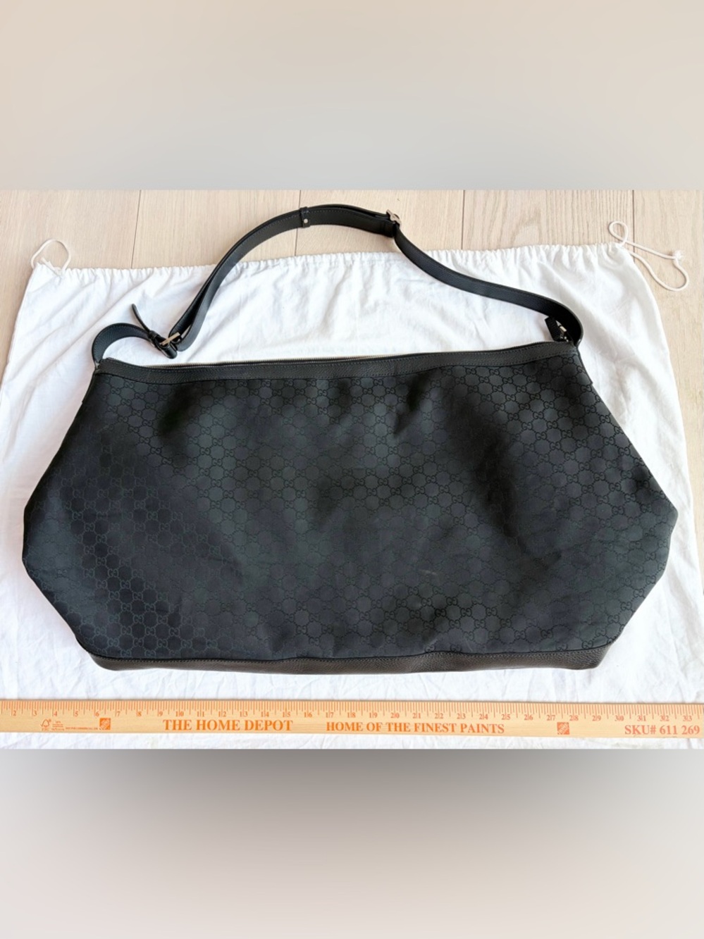 XL GUCCI Black Nylon & Leather GG Guccissima Canvas Weekender Duffle Bag Travel